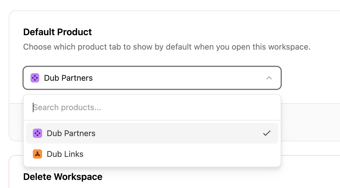 Selecting a default product in a Dub workspace