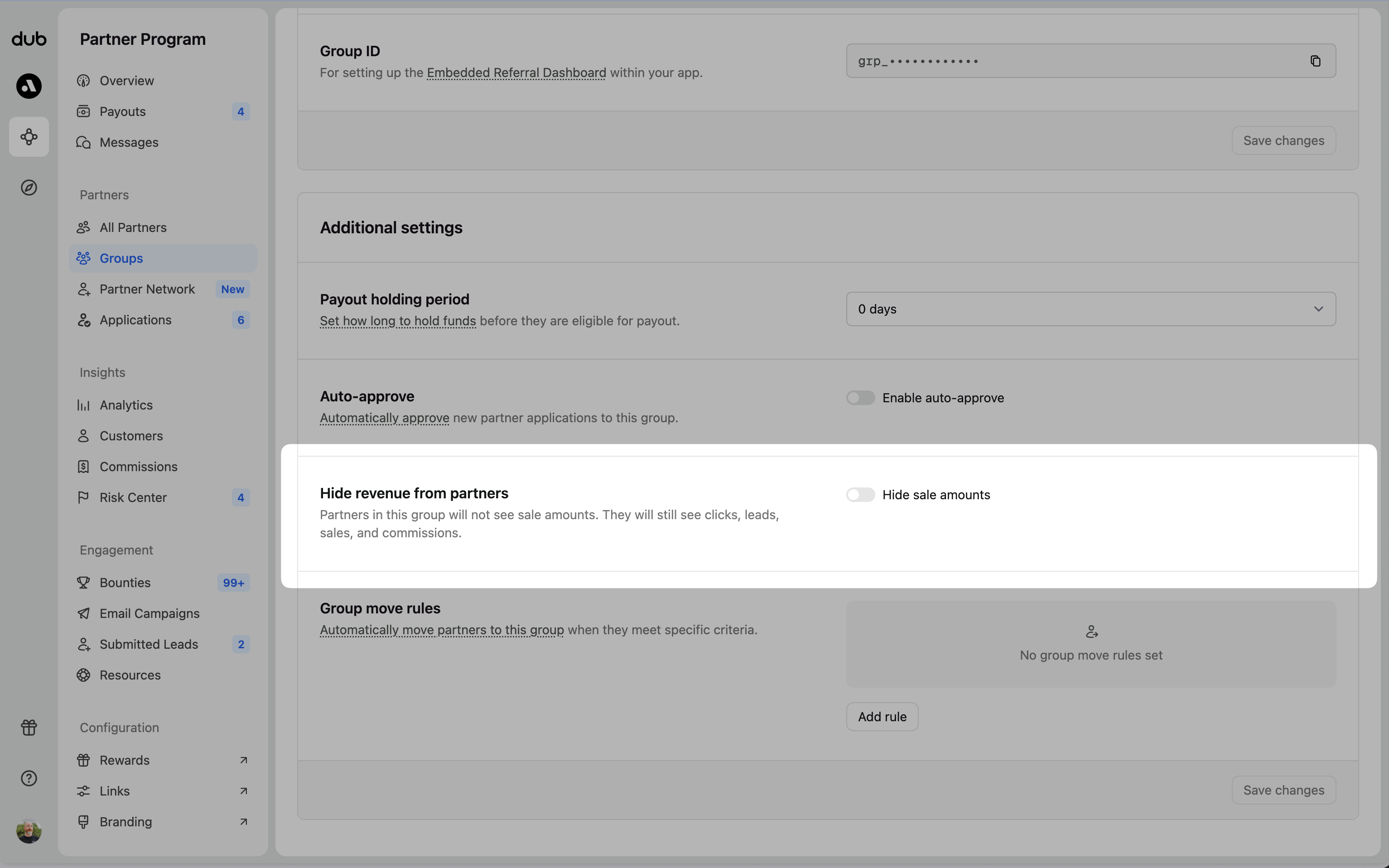 Hide sale amounts group setting