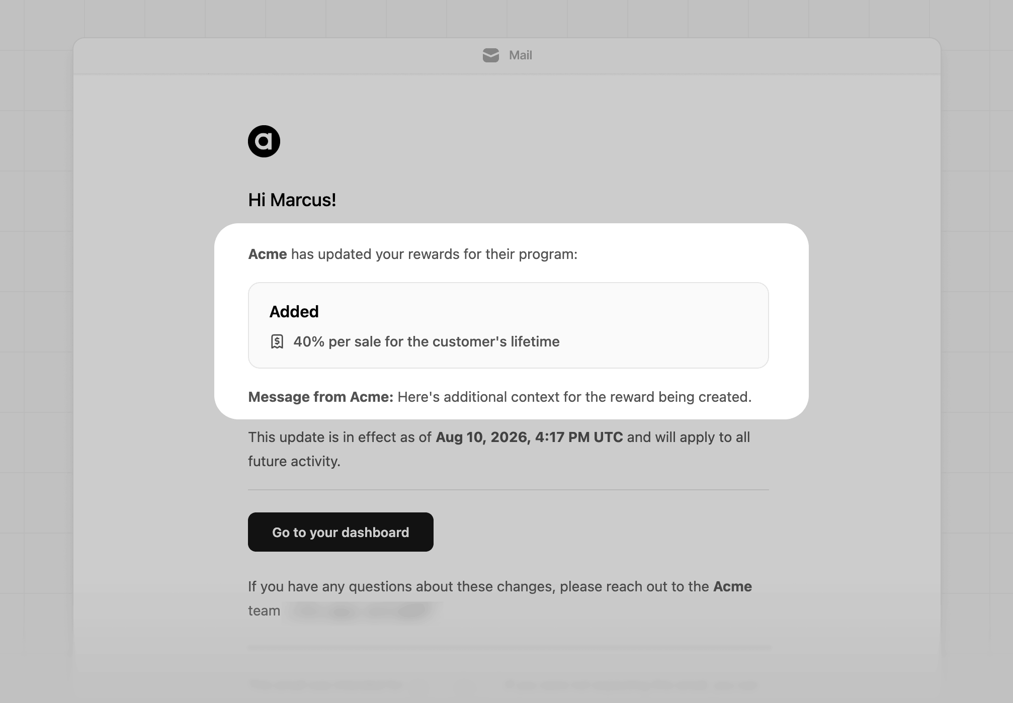 Reward notification email