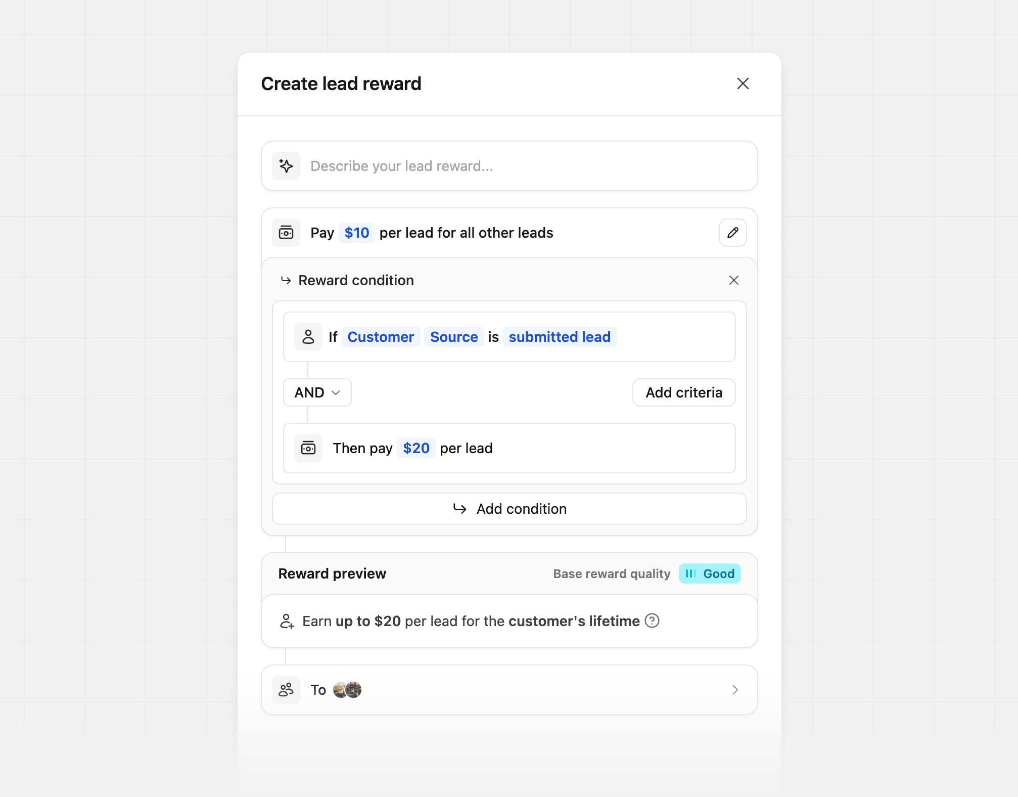 Creating a lead reward with a condition