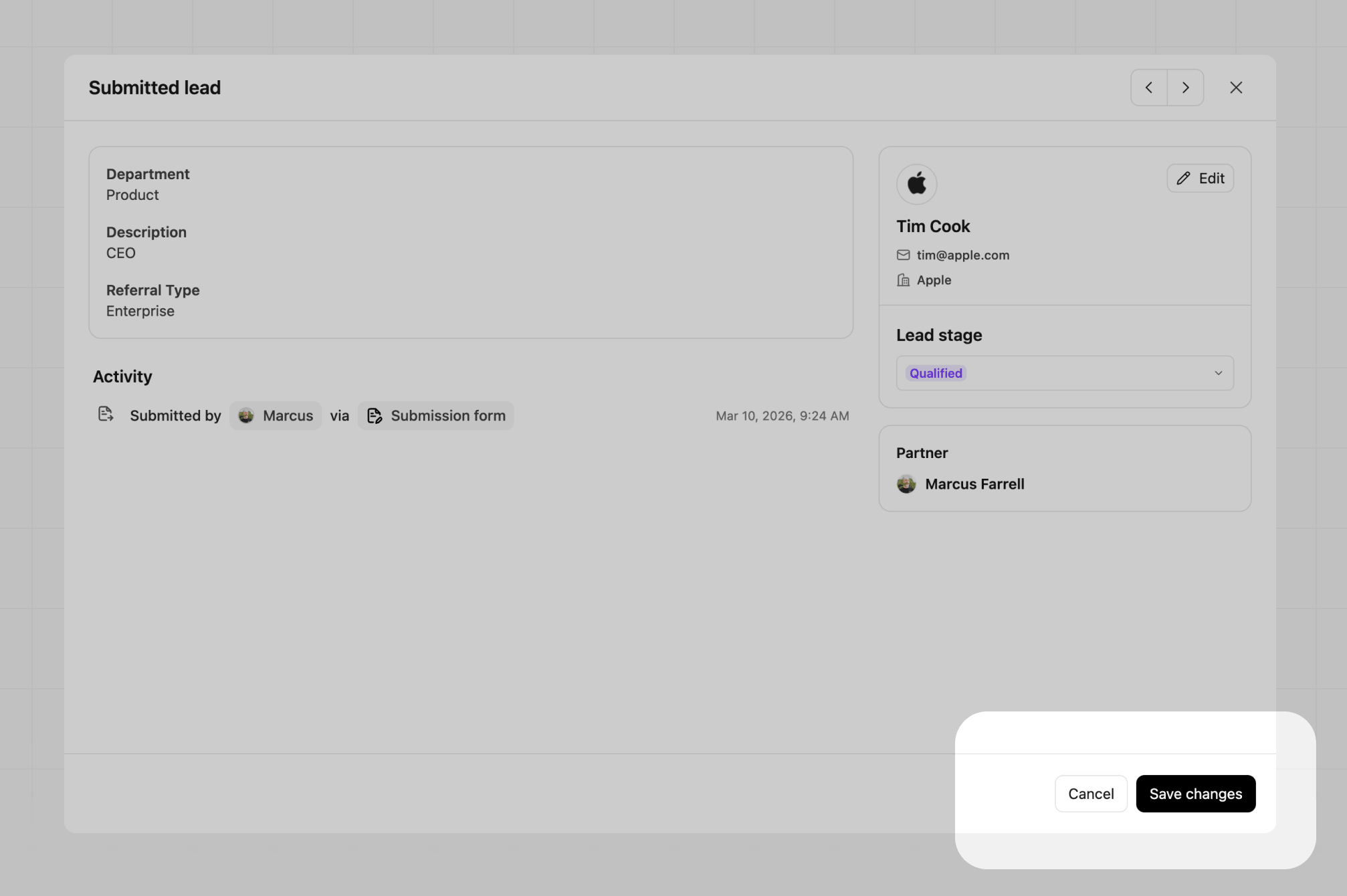 Submitted leads drawer save