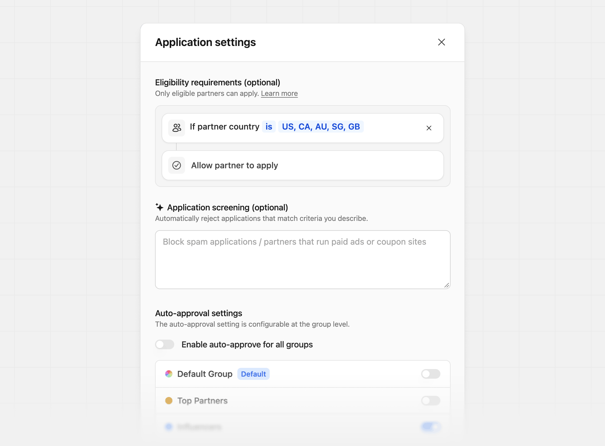 Application settings criteria