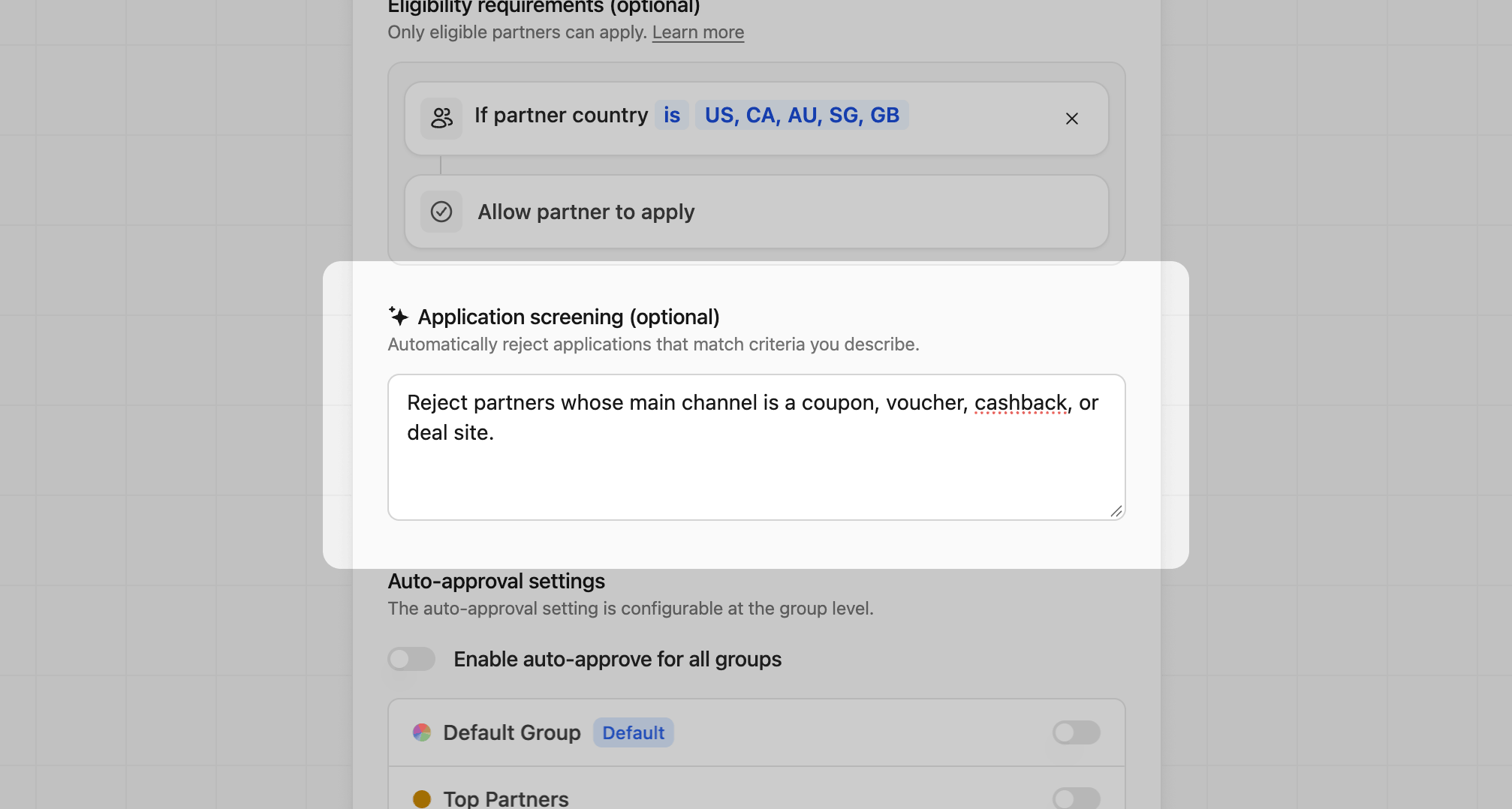Application settings screening