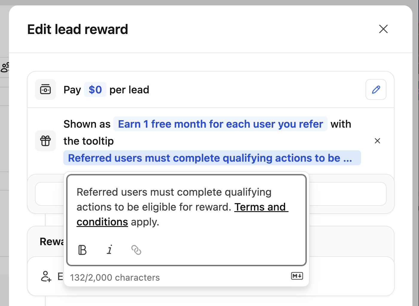 Lead reward description tooltip