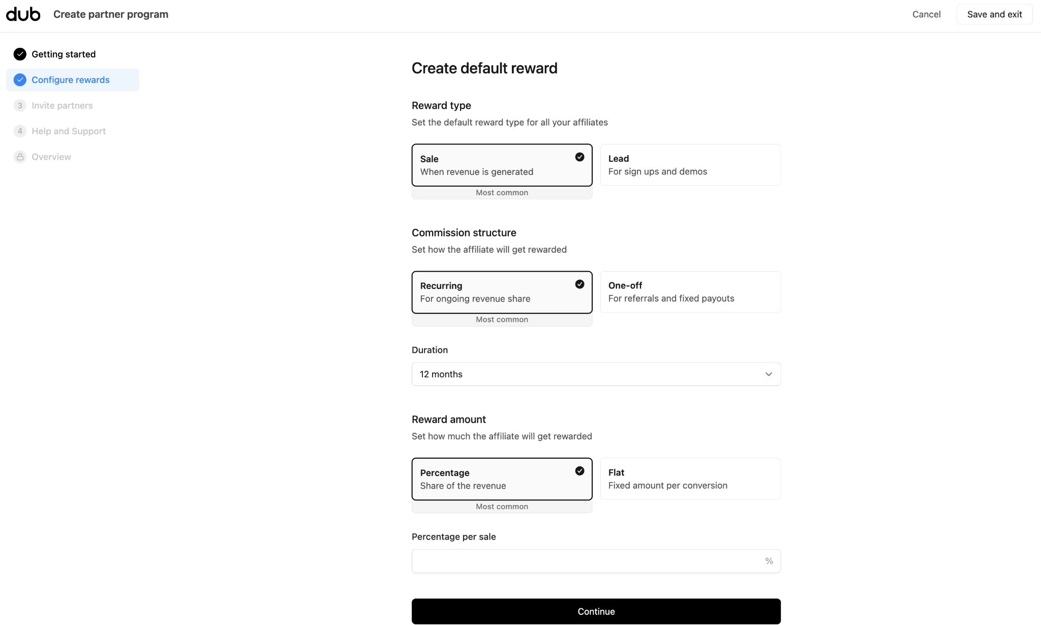 Configure rewards step in Create partner program