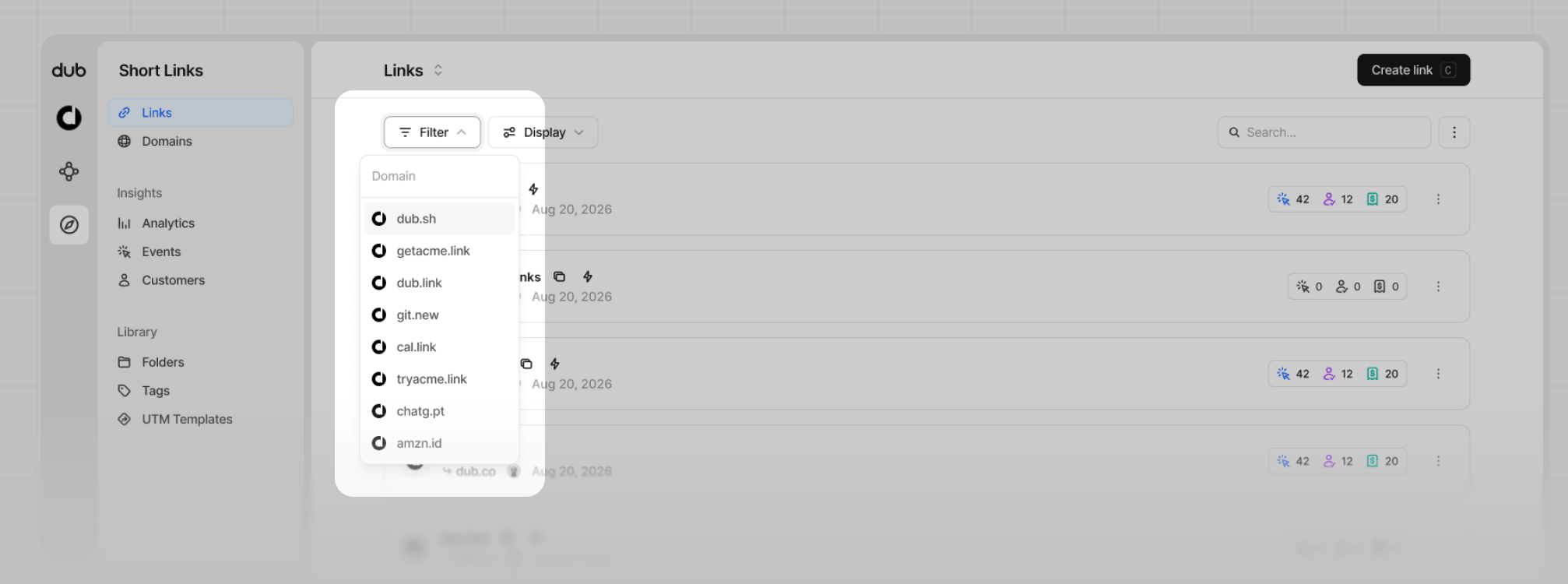Filtering links by domain in Dub
