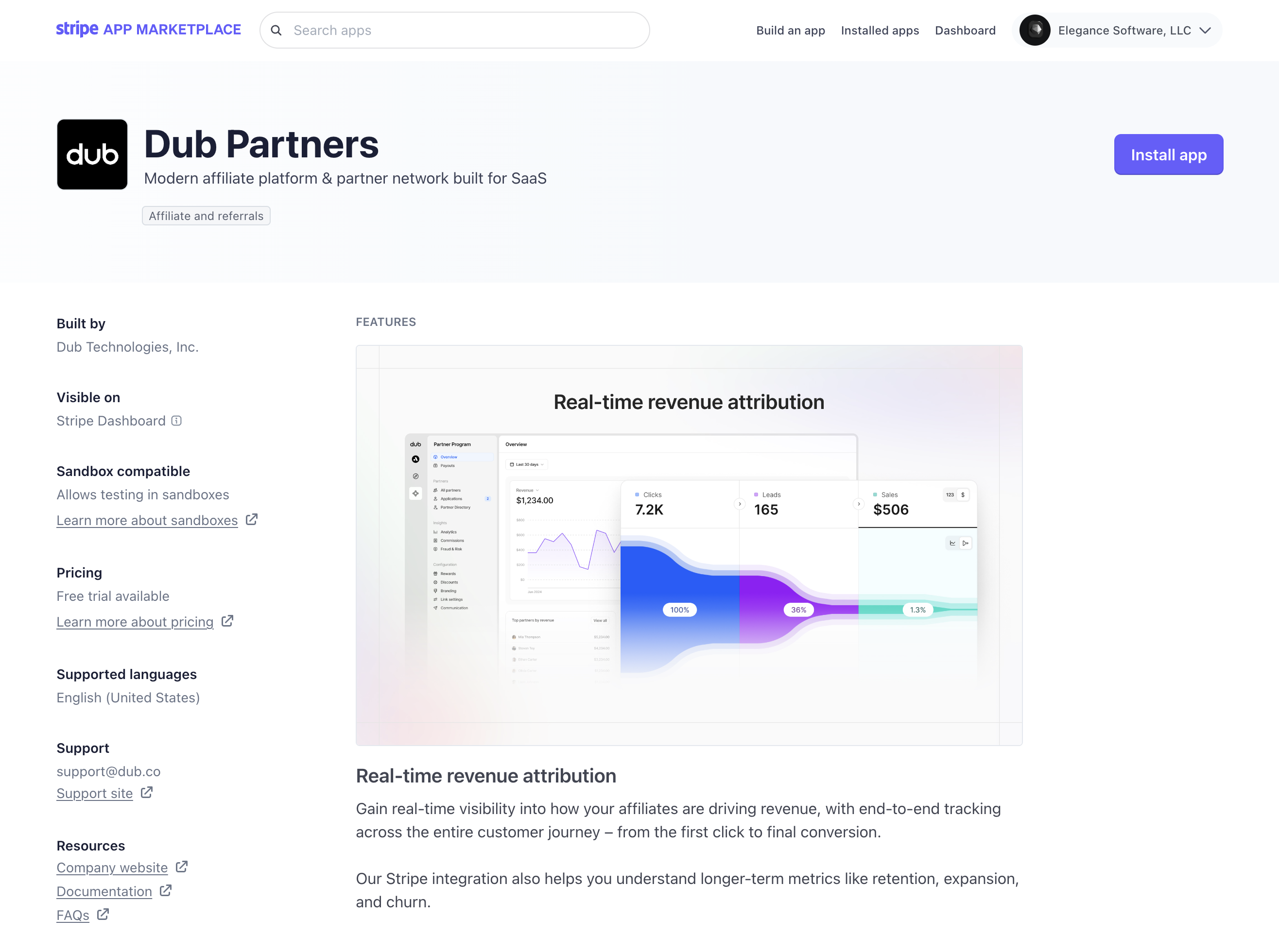 The Dub integration page on the Stripe App Marketplace