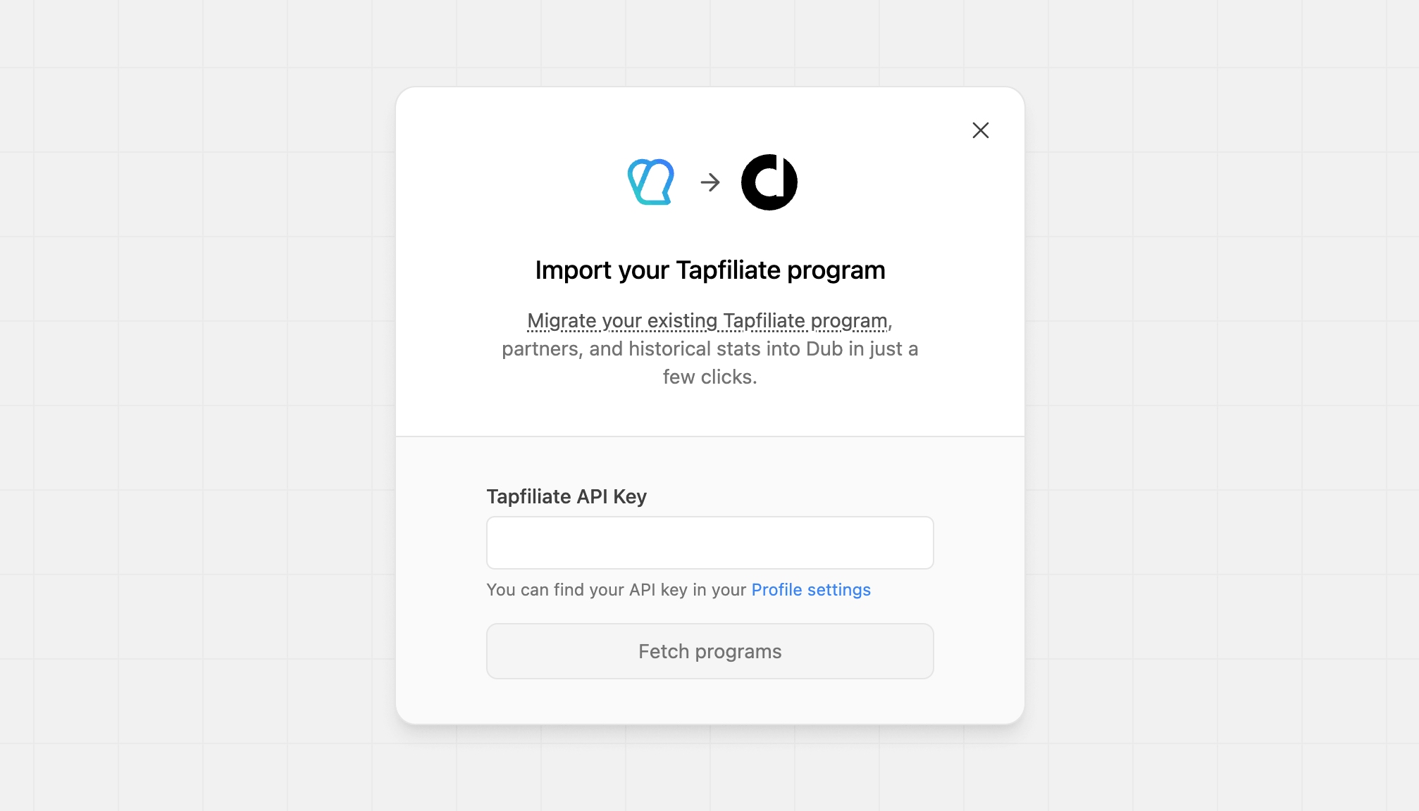 Import Tapfiliate modal