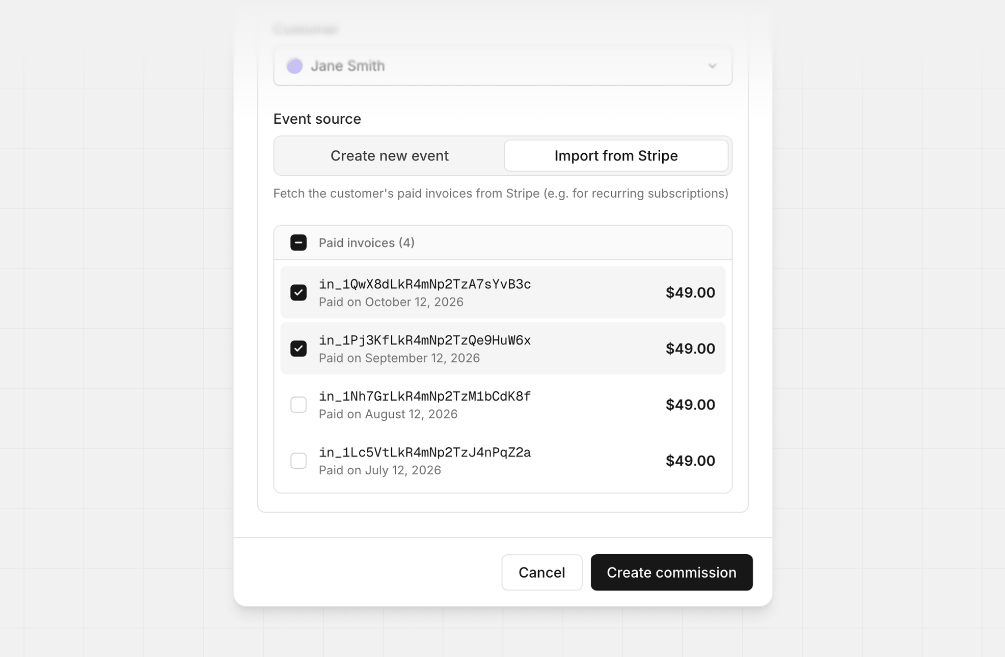 Selecting paid invoices to import from Stripe