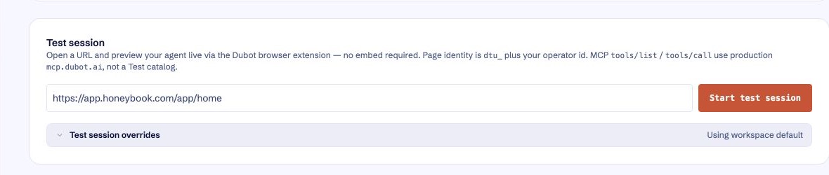 Workspace settings Test session card with a HoneyBook demo URL, Start test session button, and Test session overrides
