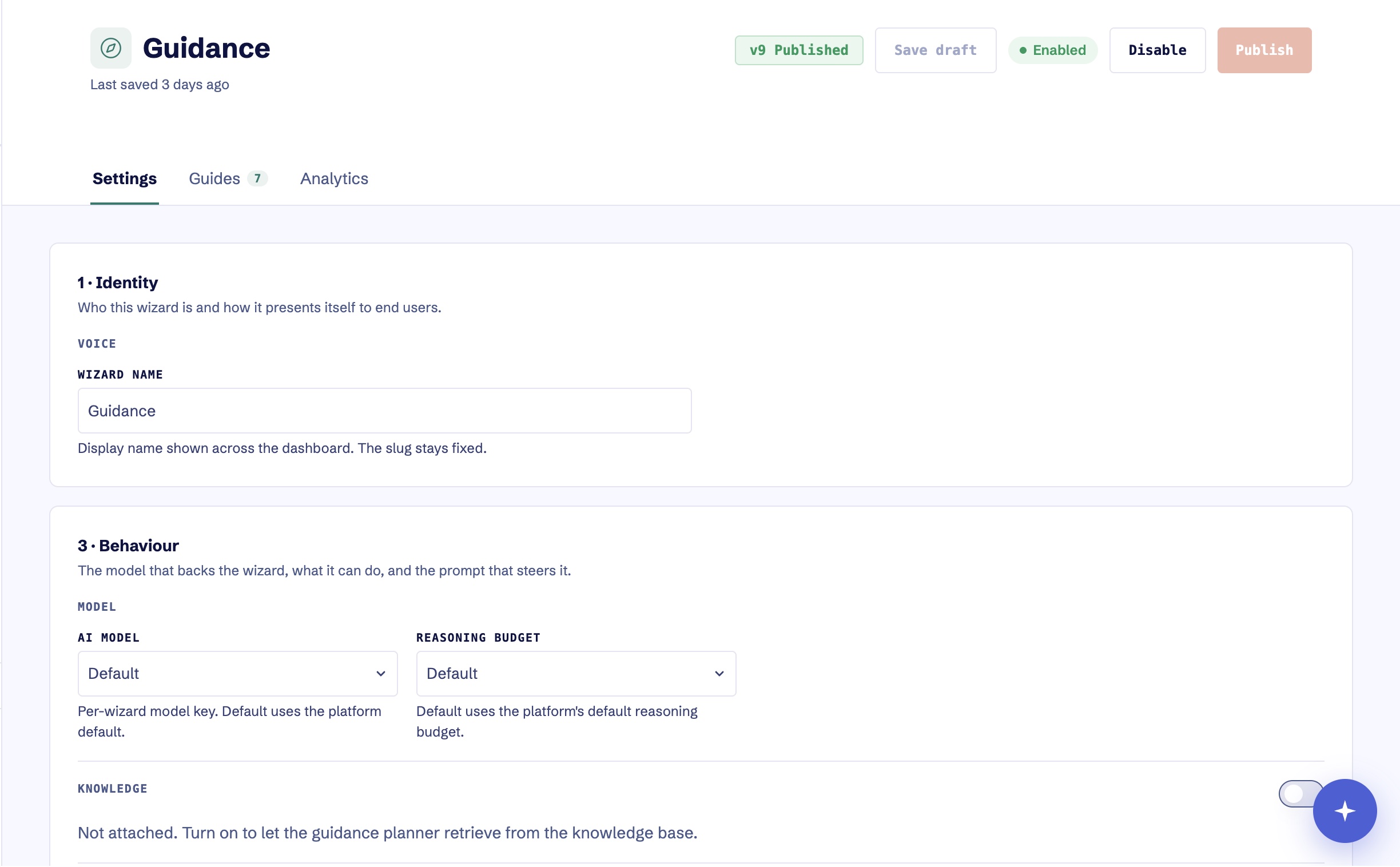 Guidance Settings with published and enabled status plus Settings, Guides, and Analytics tabs