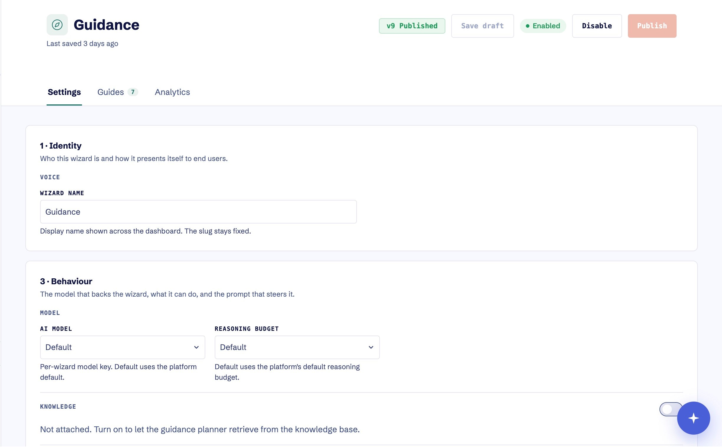 Guidance Settings with published and enabled status plus Settings, Guides, and Analytics tabs