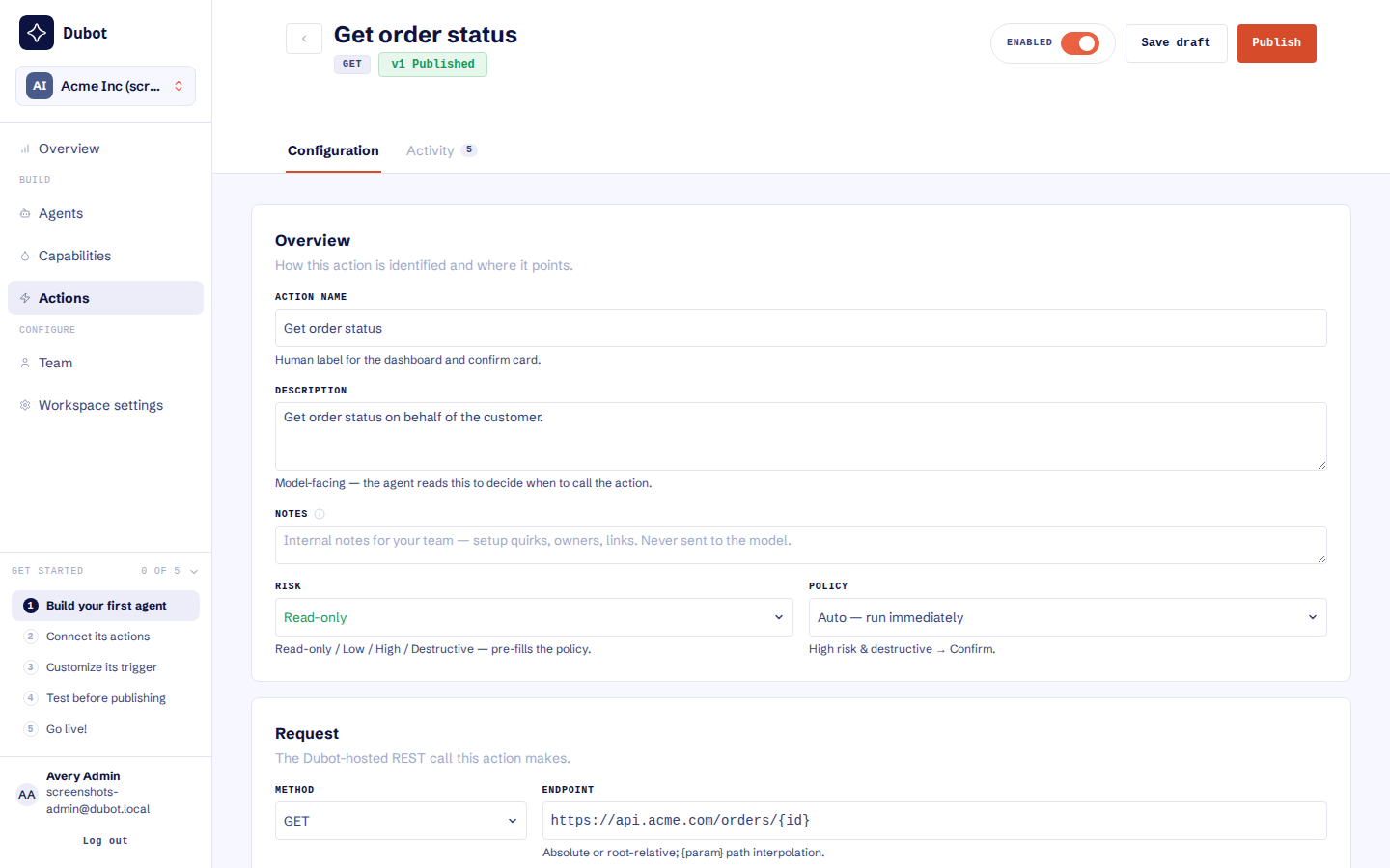 An action configuration with its model-facing description, risk, policy, method, and endpoint