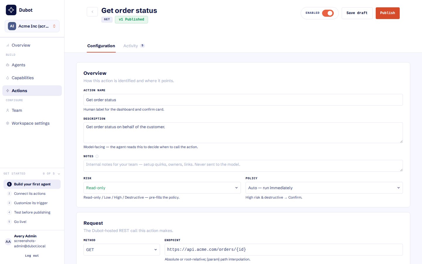 An action configuration with its model-facing description, risk, policy, method, and endpoint