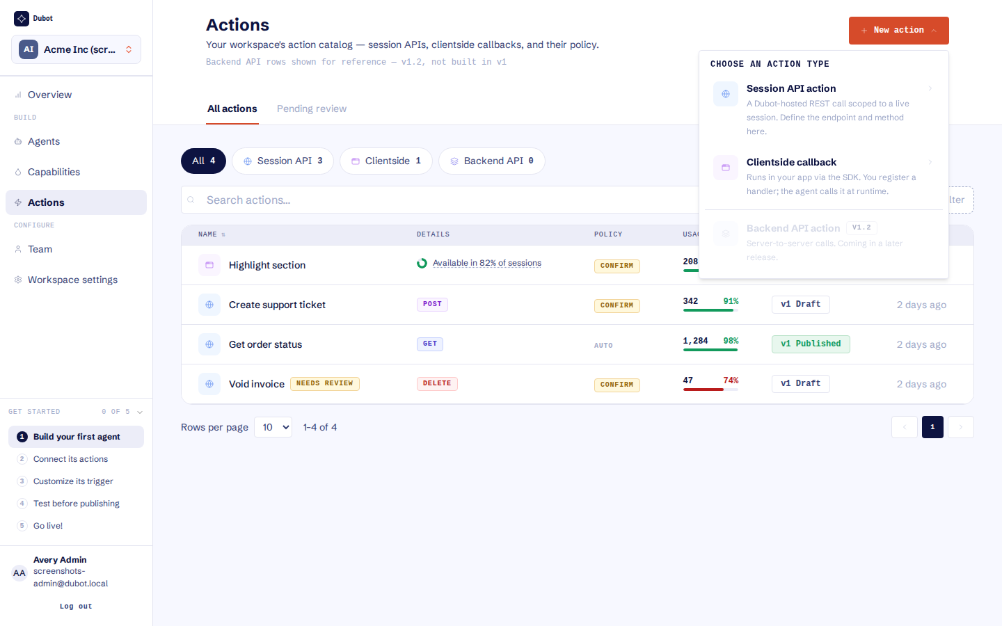 The action type picker with Session API and client-side callback options