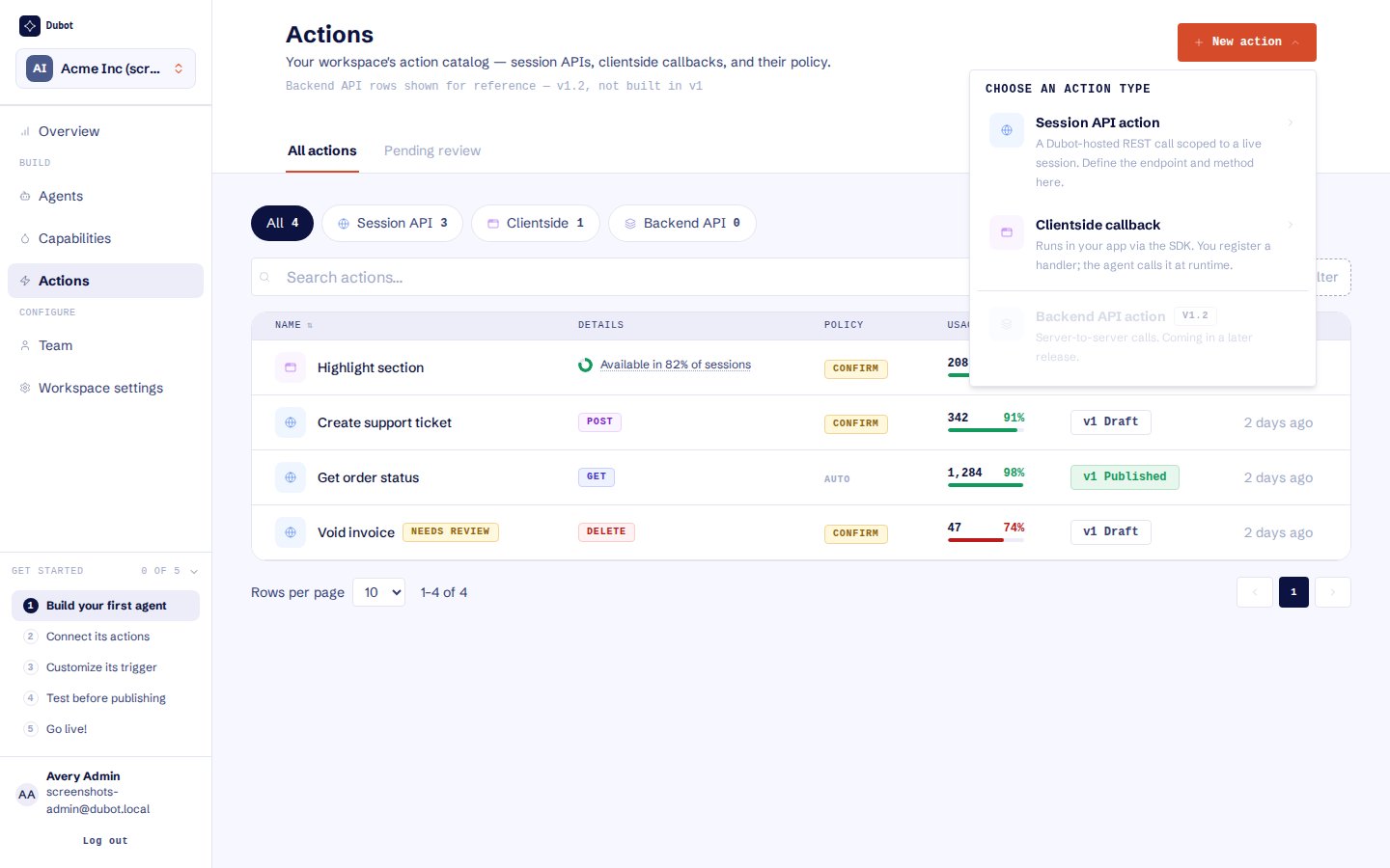 The action type picker with Session API and client-side callback options