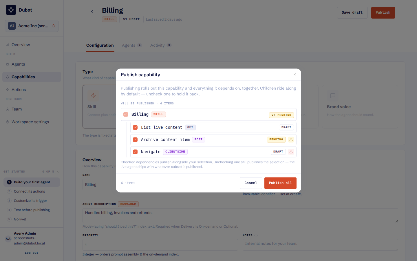 The capability publish review listing the Skill and each included action dependency
