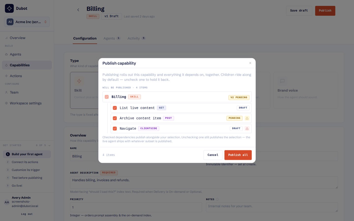 The capability publish review listing the Skill and each included action dependency