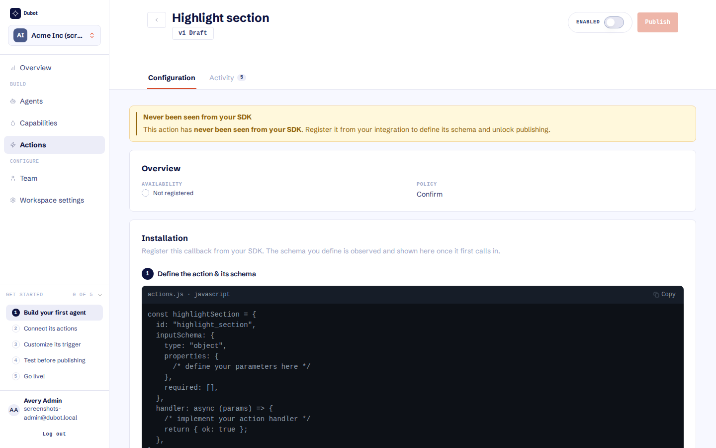 A client-side callback waiting to be registered from the SDK before it can be published