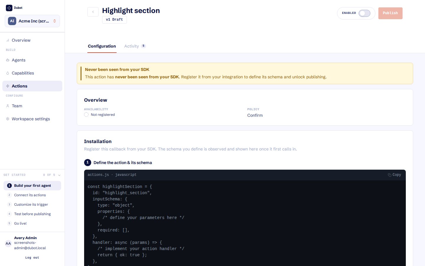 A client-side callback waiting to be registered from the SDK before it can be published