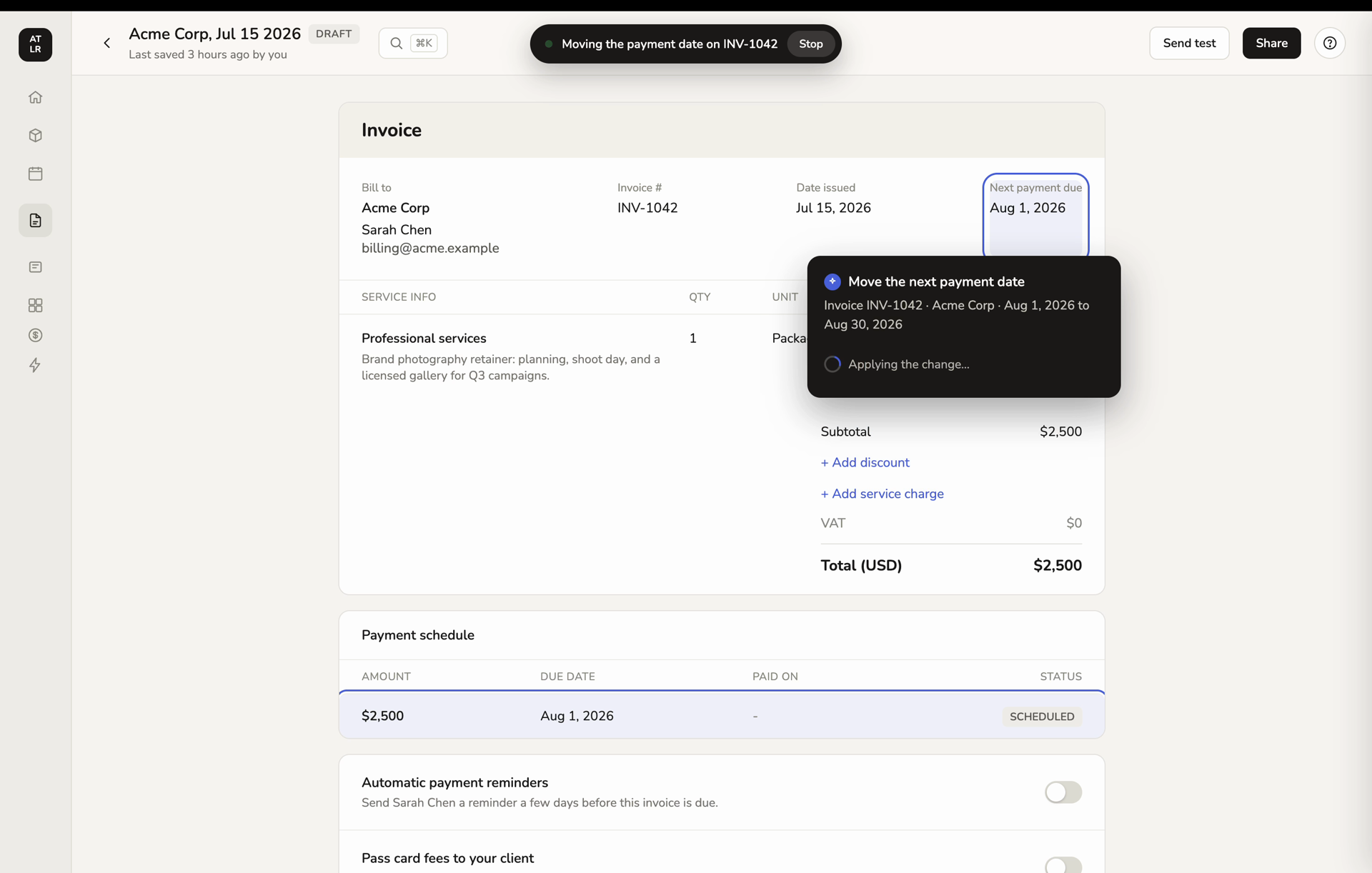 Guidance applying a change on an invoice while the job and Stop control remain visible