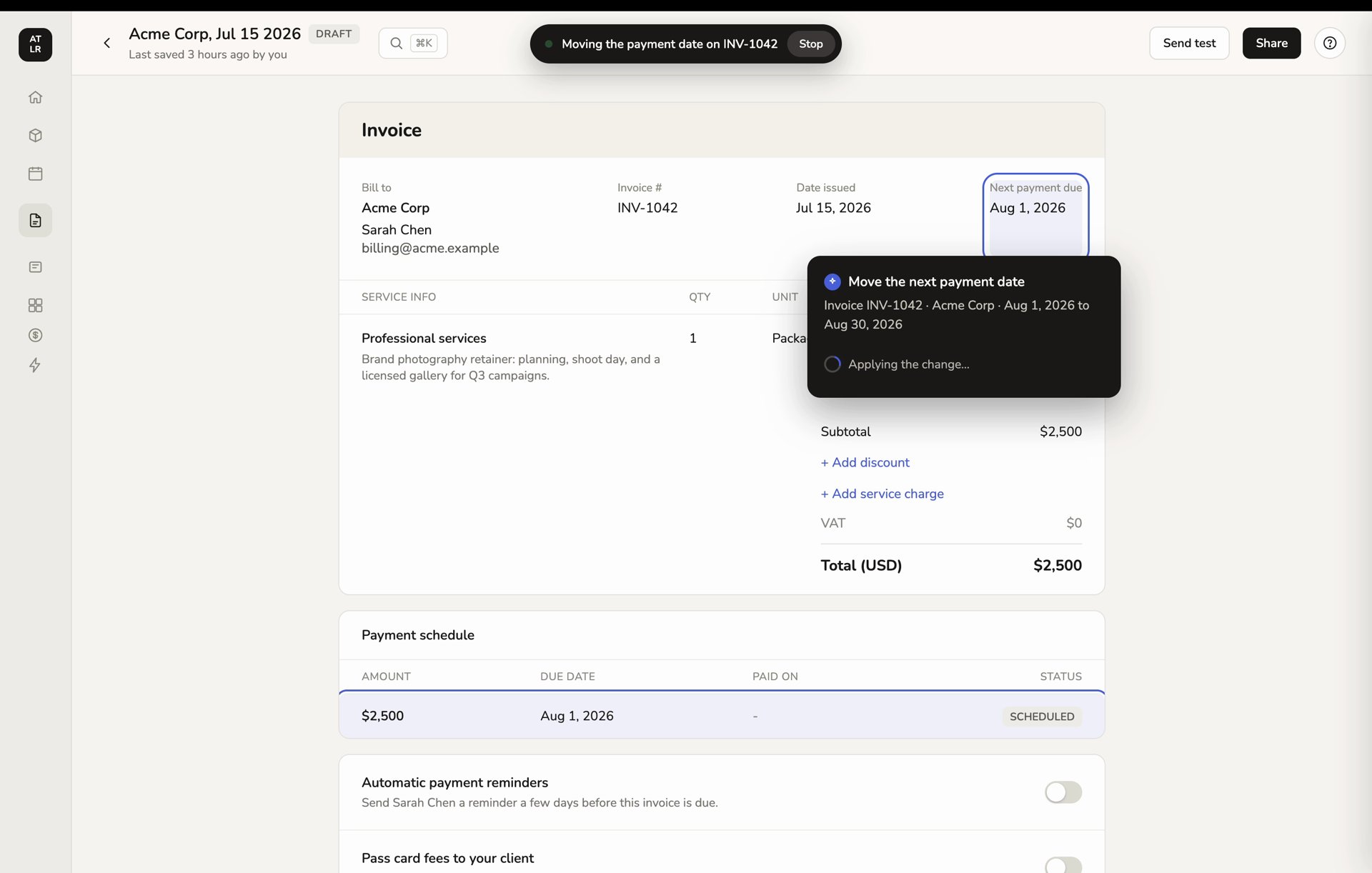 Guidance applying a change on an invoice while the job and Stop control remain visible