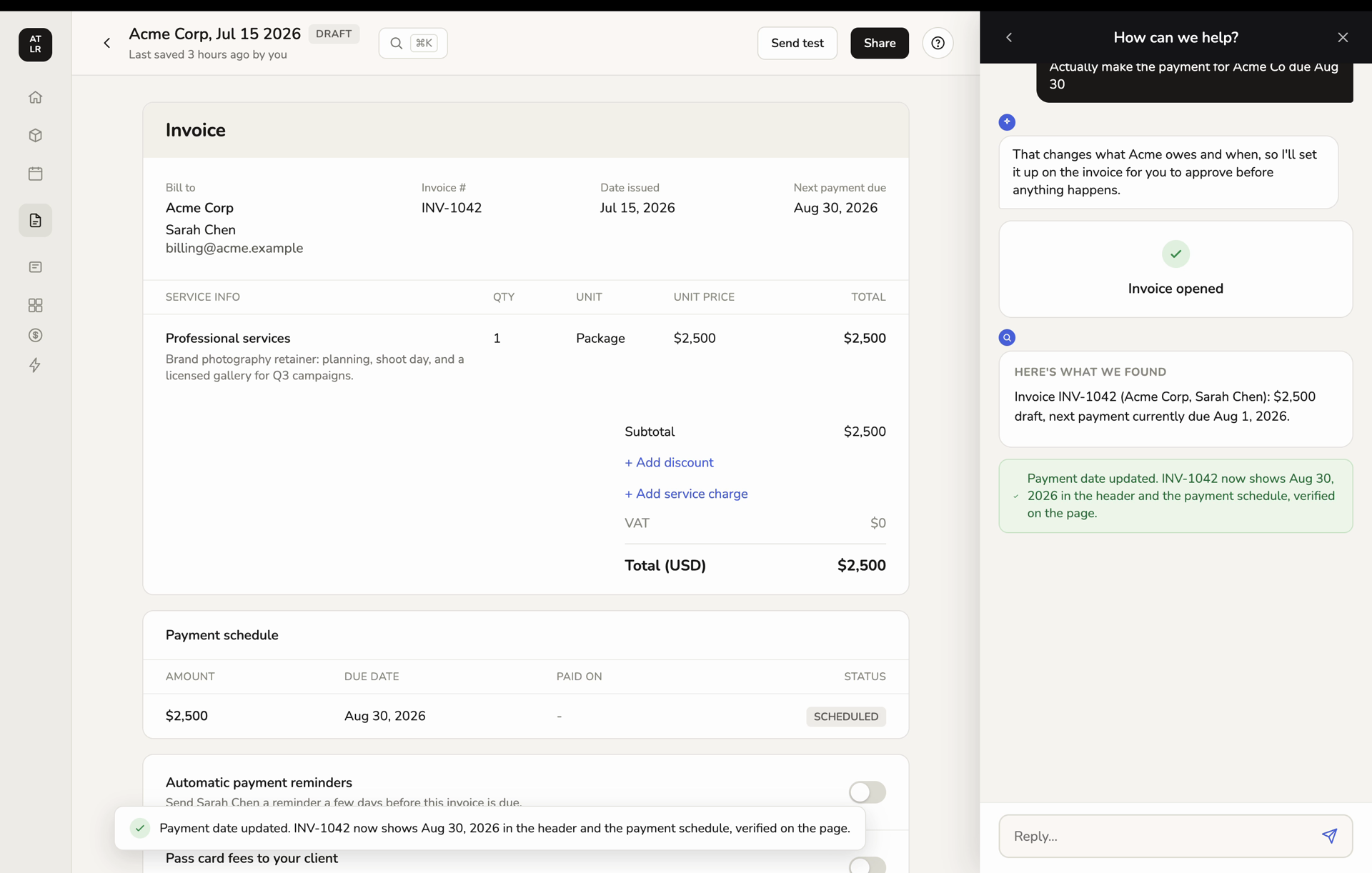 A completed Guidance action with the updated invoice state and a verified result