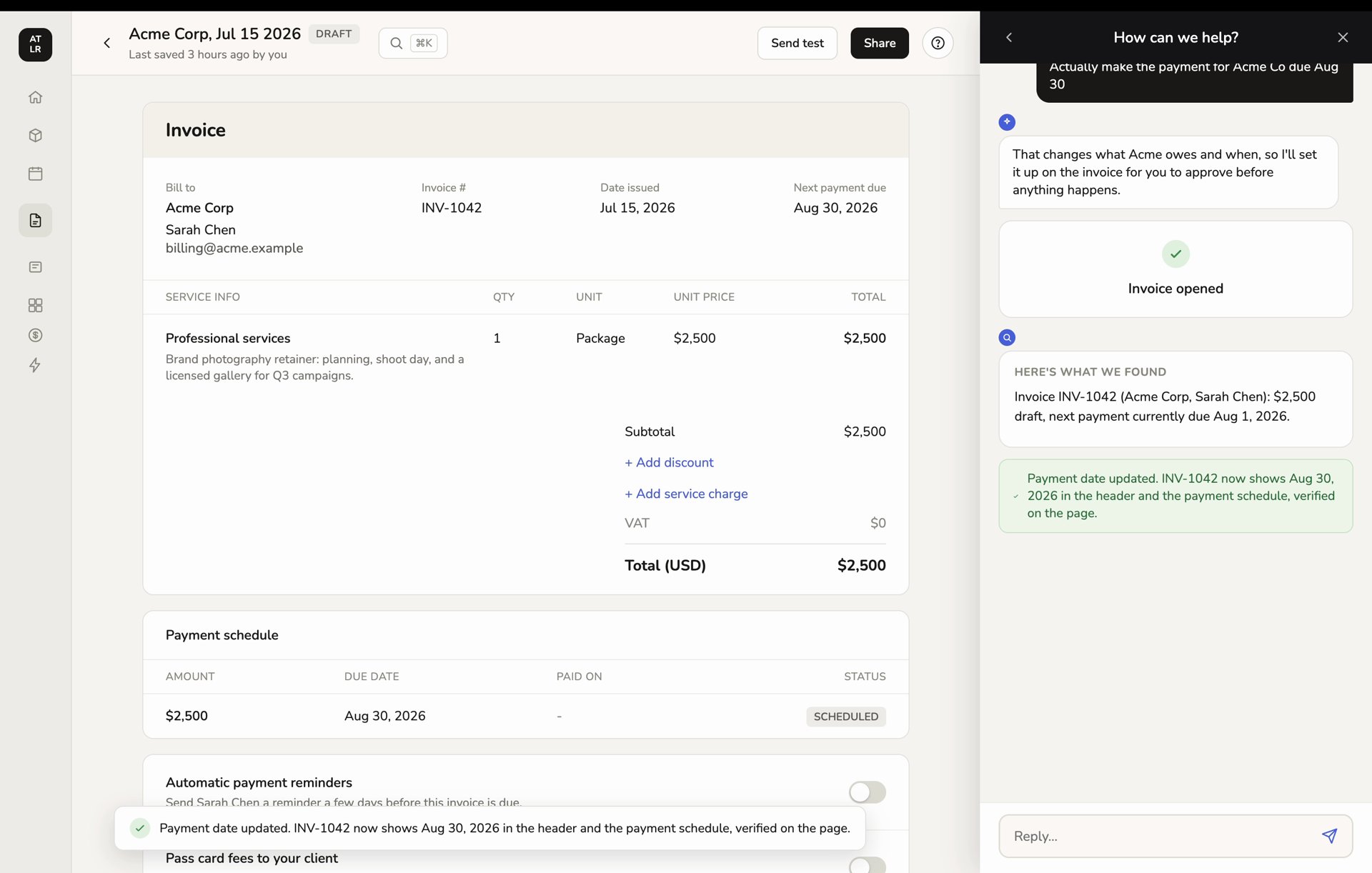 A completed Guidance action with the updated invoice state and a verified result