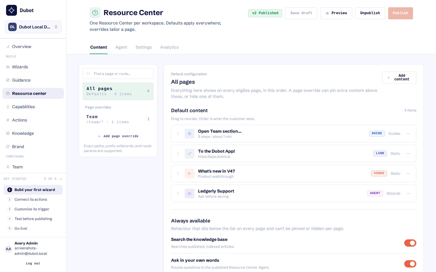 The Resource Center Content tab with All pages defaults, a route override, and Search and Ask controls