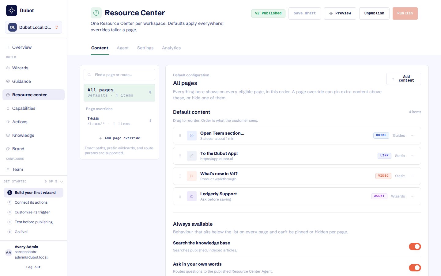 The Resource Center Content tab with All pages defaults, a route override, and Search and Ask controls