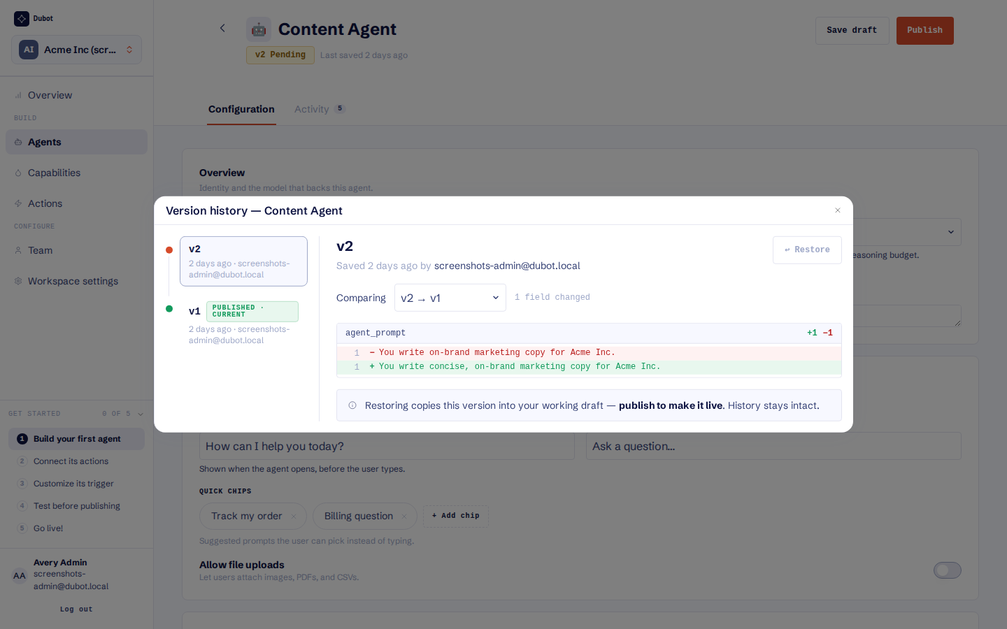 Version history comparing two versions and explaining the Restore behavior