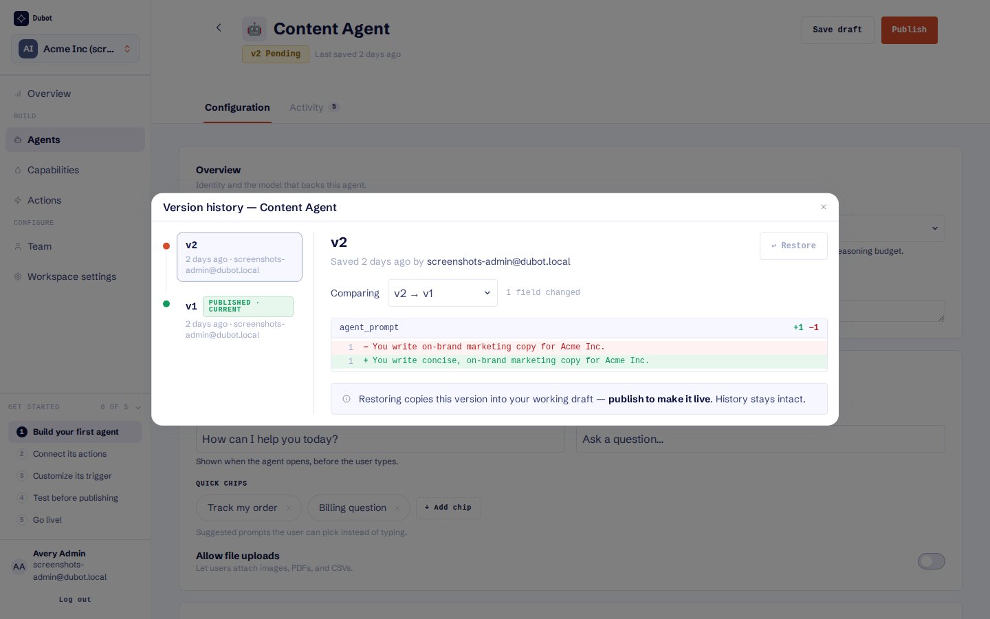 Version history comparing two versions and explaining the Restore behavior