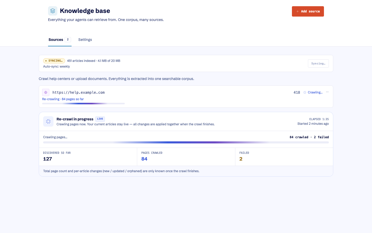 A current Dubot knowledge-source crawl in progress
