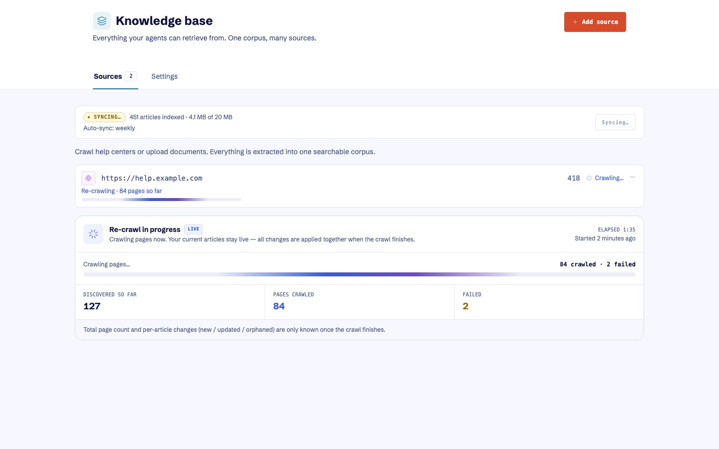 A Help Center re-crawl adding pages to the workspace knowledge base
