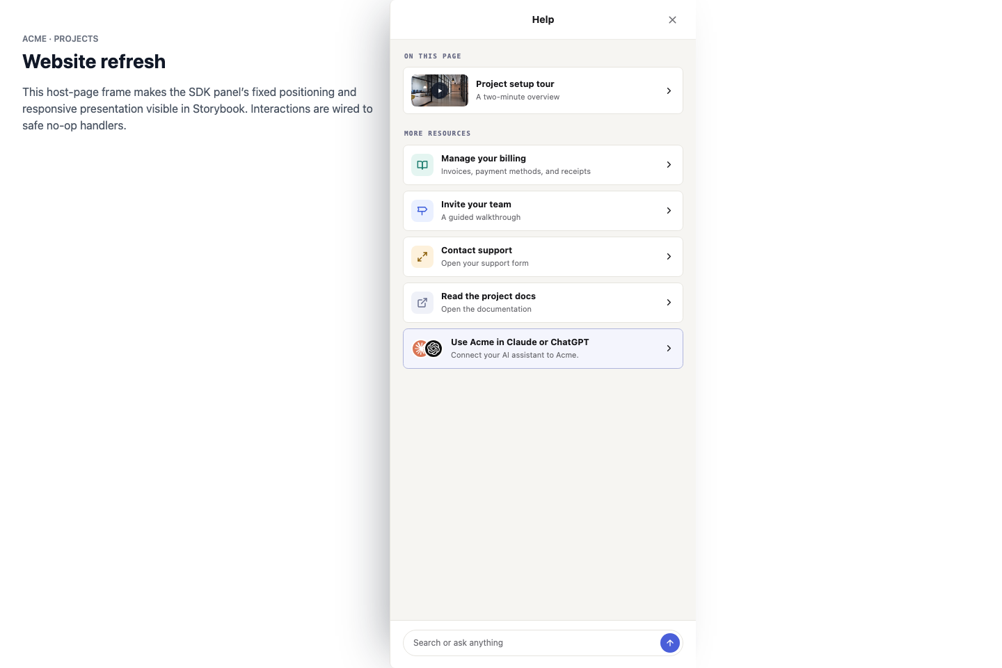 A current page-aware Resource Center rendered by the Dubot SDK