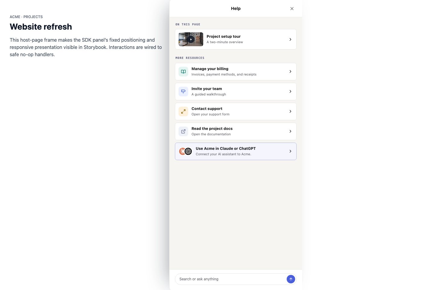 A current page-aware Resource Center rendered by the Dubot SDK