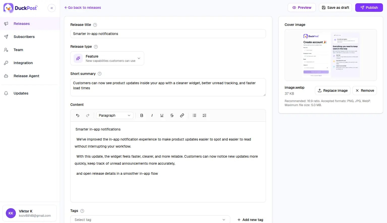DuckPost create release editor