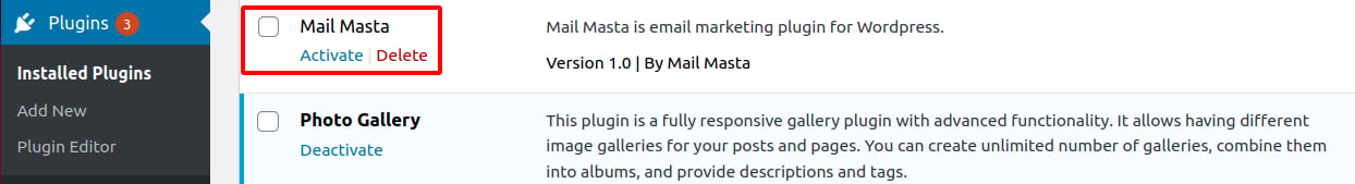 Disabled plugin in WordPress admin