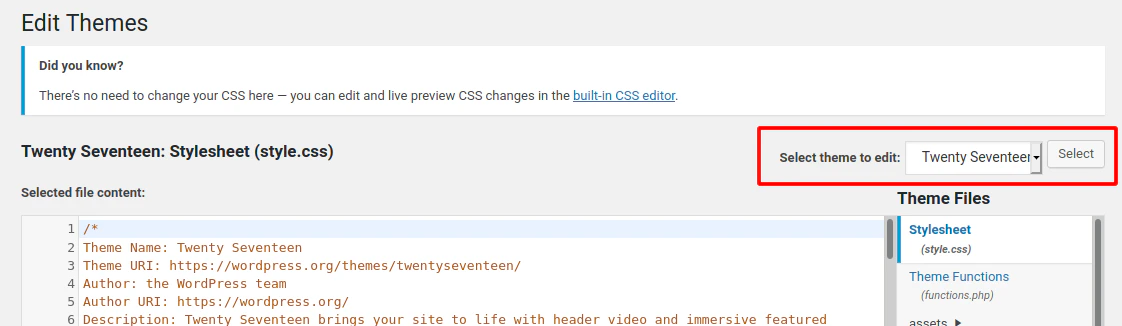 Selecting an inactive WordPress theme
