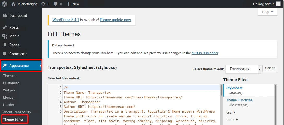 WordPress Theme Editor view