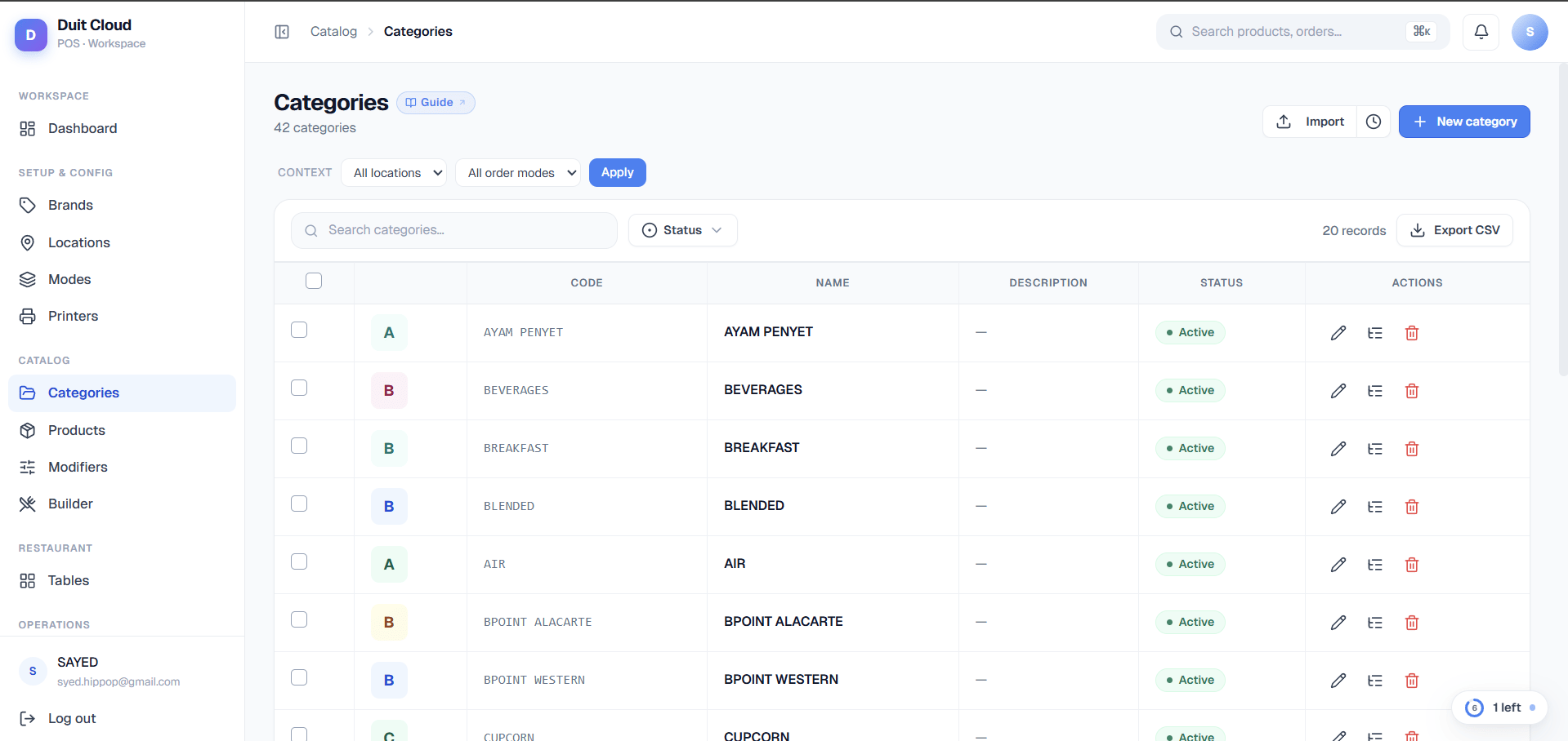 Categories list showing menu sections like Burgers, Drinks, and Desserts with sort order handles, and a context selector bar at the top displaying Location and Order Mode dropdowns
