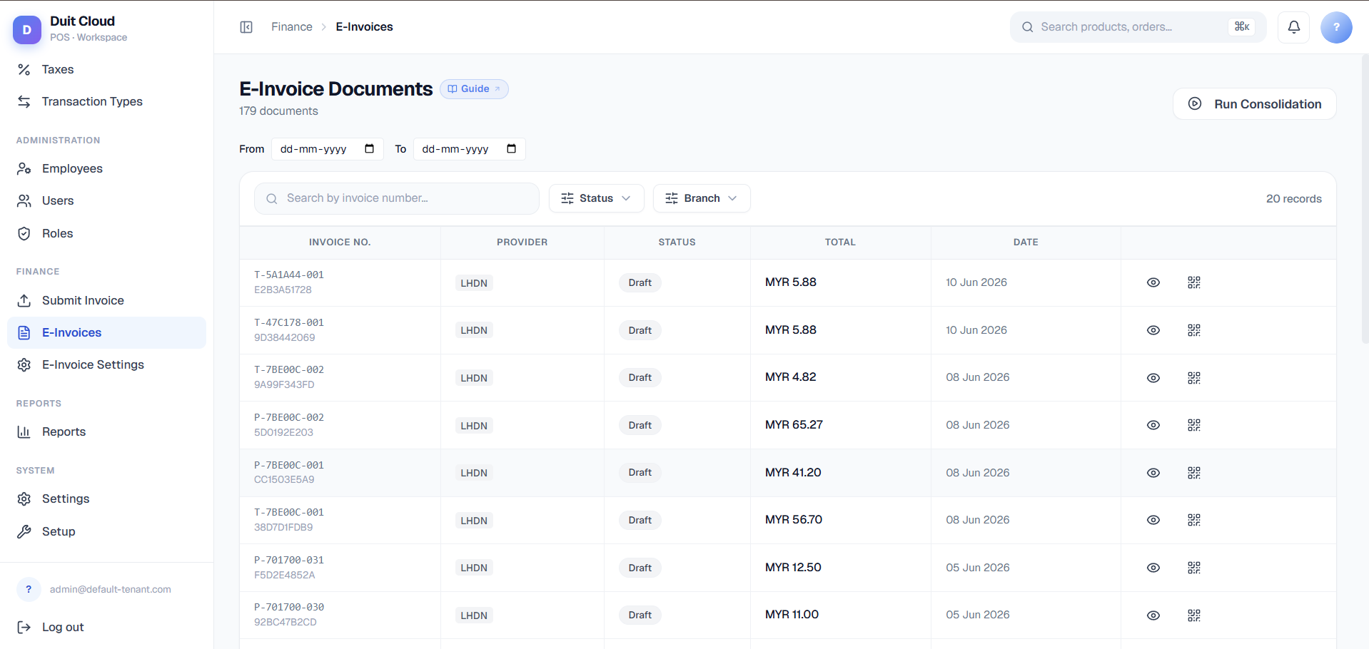 E-Invoice documents list showing invoice statuses, filters, and QR/detail row actions