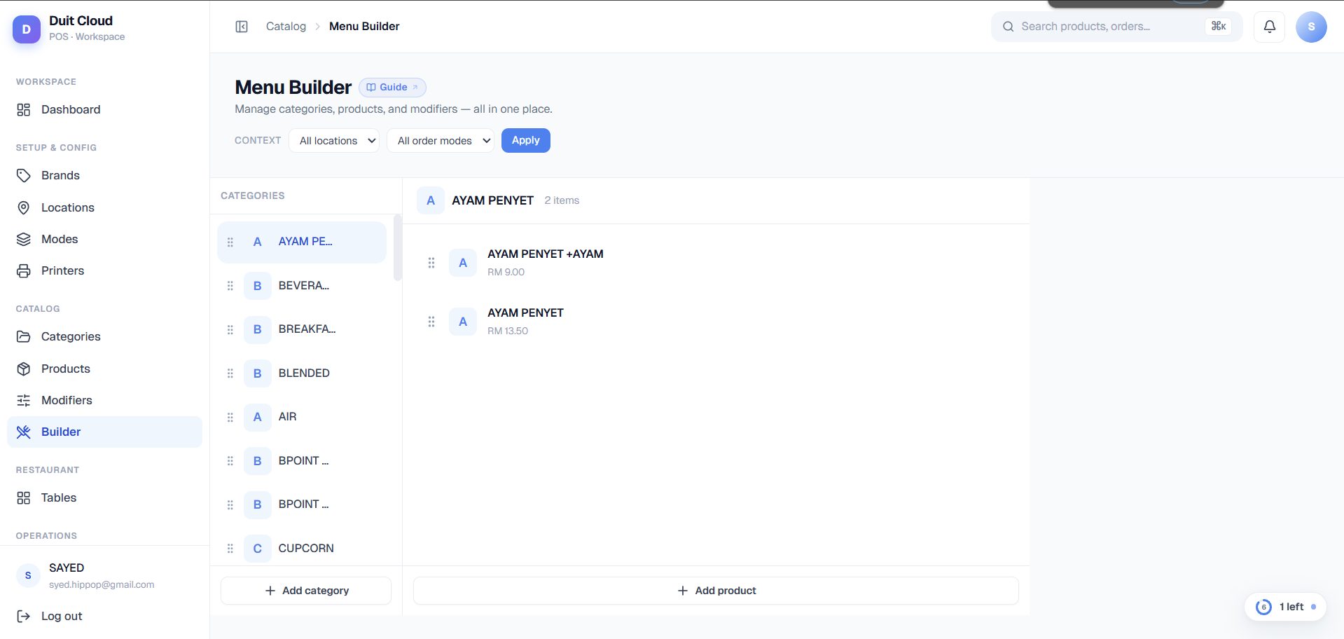 Menu Builder showing three panels: Categories on the left, Products in the middle, and Product Detail slide-in on the right