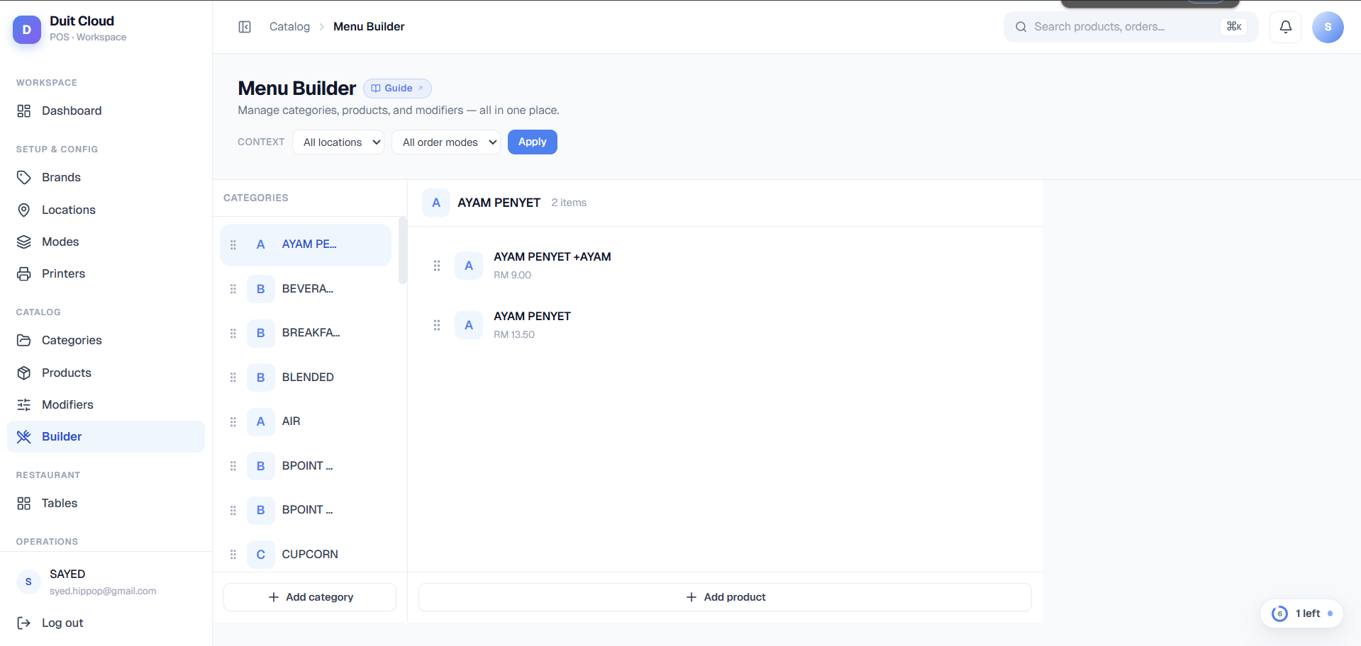 Menu Builder showing three panels: Categories on the left, Products in the middle, and Product Detail slide-in on the right