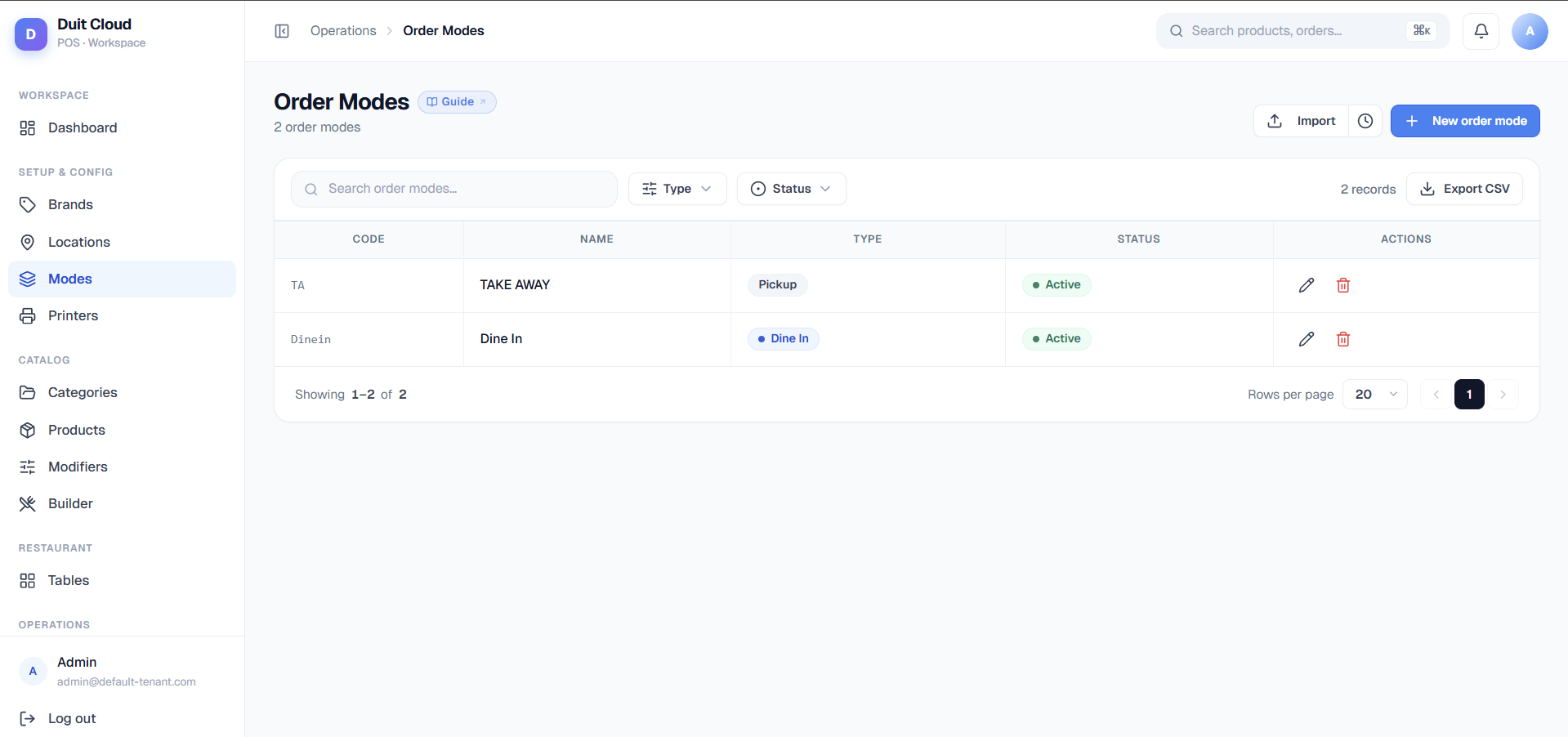 Order Modes list screen showing Dine In, Takeaway, and Delivery