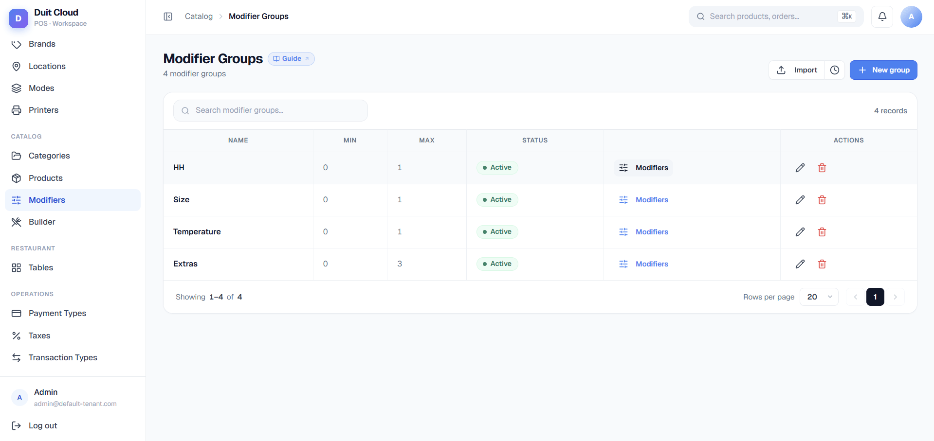 Modifiers screen showing a Size group with Small, Medium, and Large options