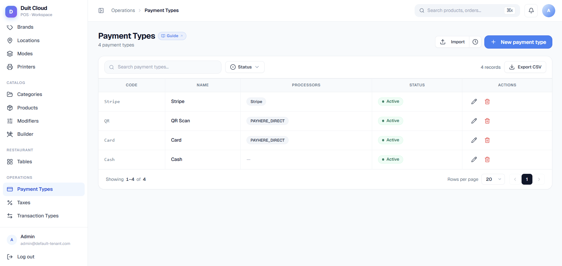 Payment Types list screen showing Cash, Card, and Online payment methods
