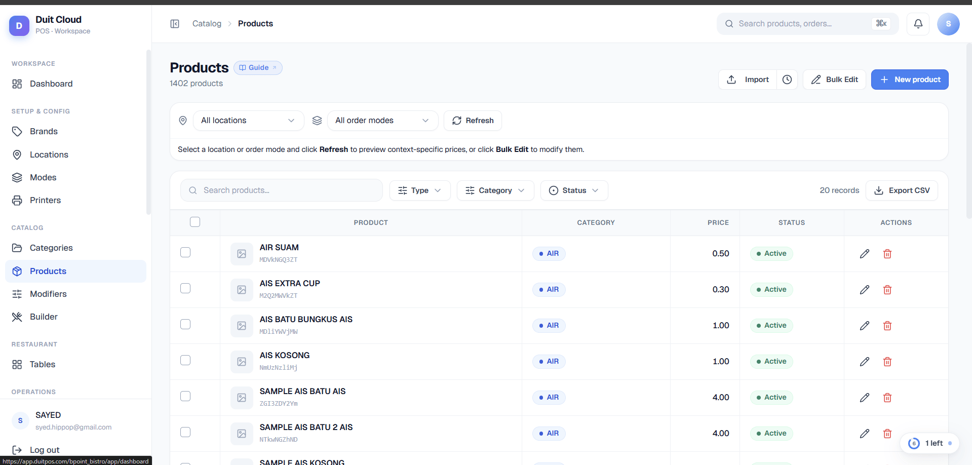 Products list showing items with names, prices, categories, and active status