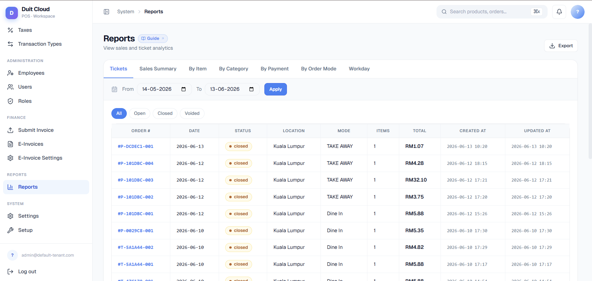 Reports screen showing the report tab list with Sales Summary selected