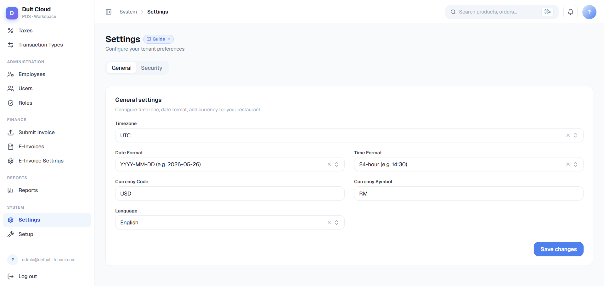 Settings page with General, Denomination, Plan, and Security tabs